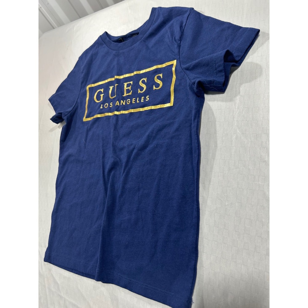 Guess Kids Navy Blue Short Sleeve T-Shirt Gold Foil Box Logo Size S 8-10